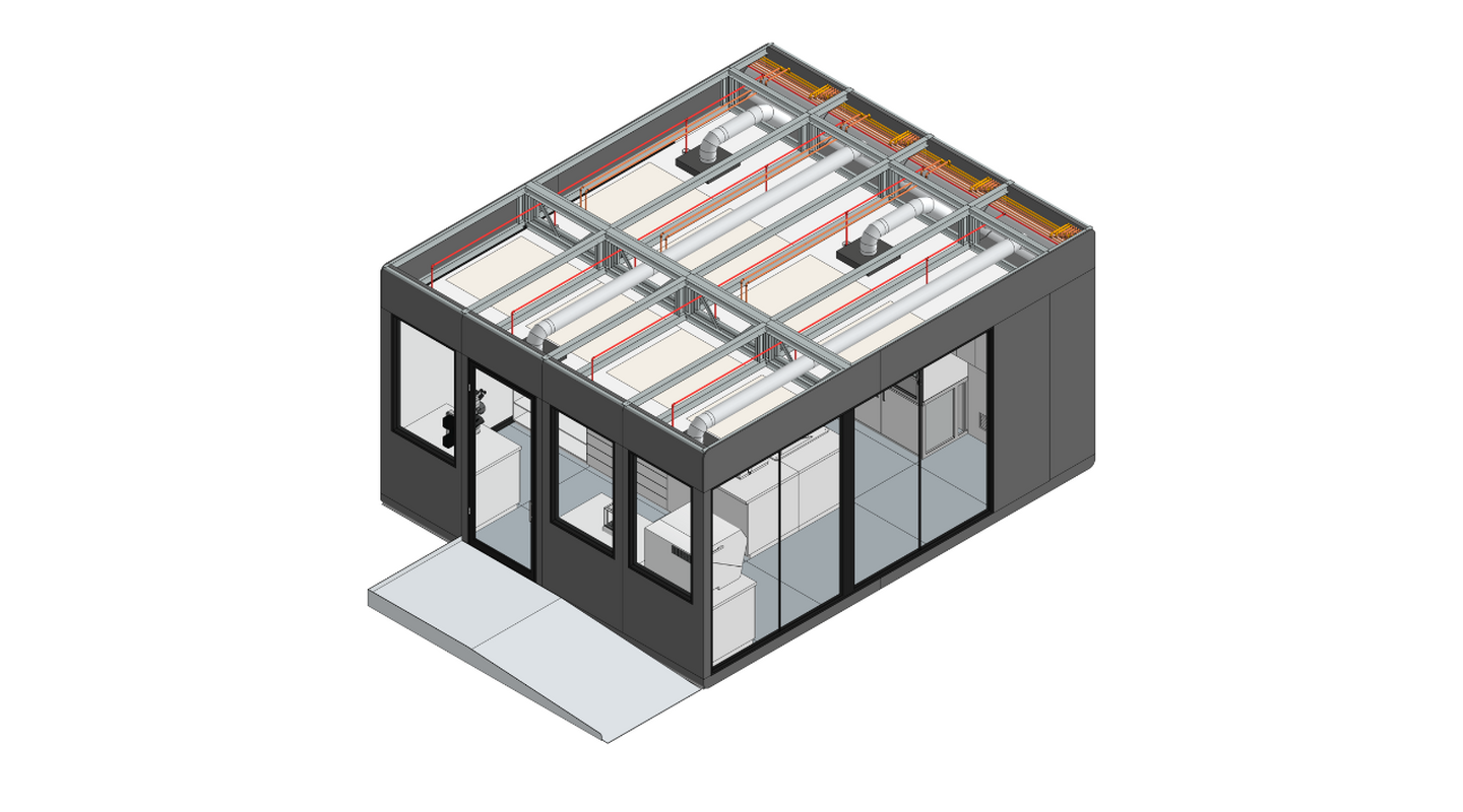 Kit of parts developed by Bryden Wood for rapid deployment of labs into existing office and commercial spaces