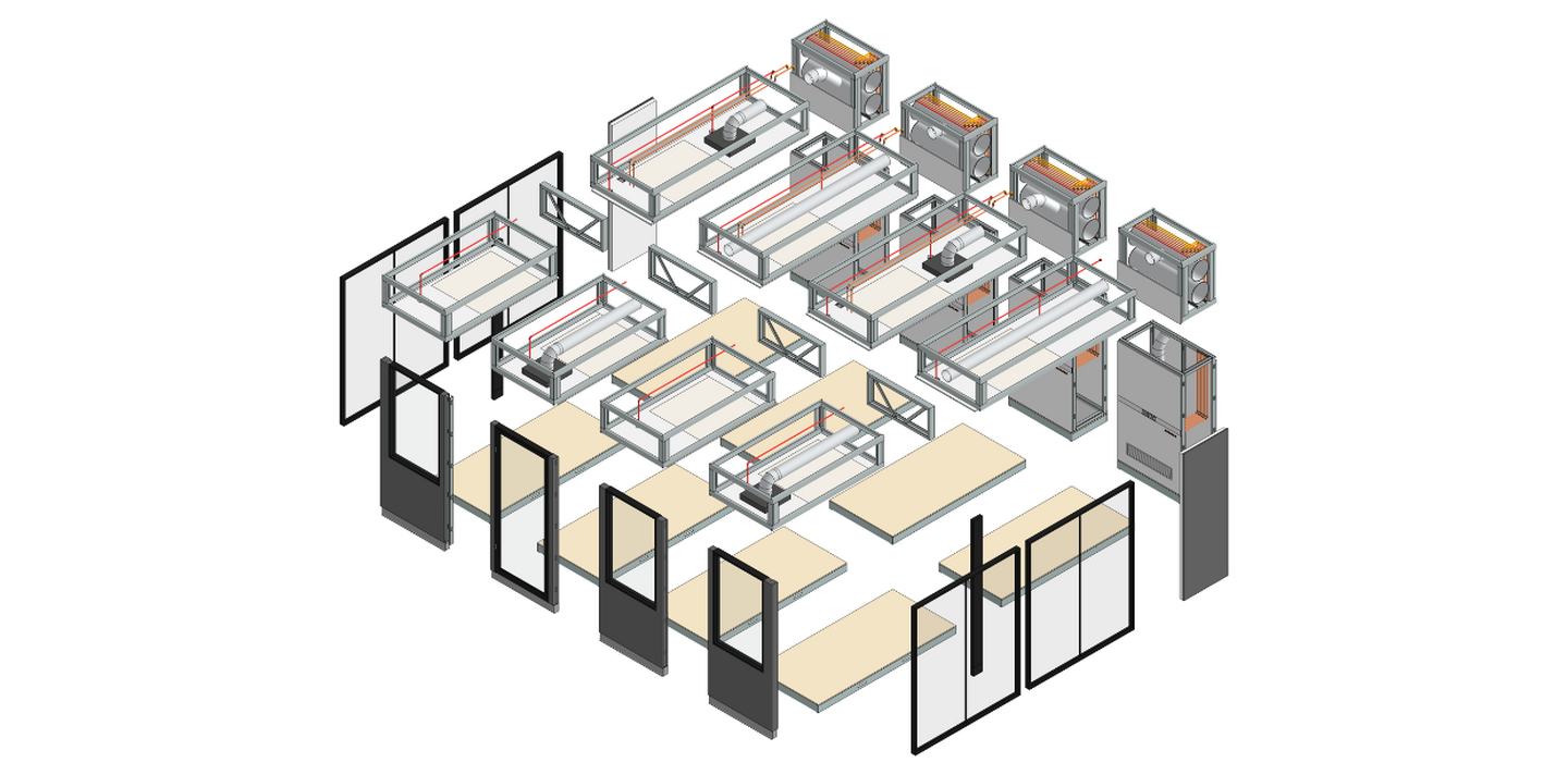 Kit of parts developed by Bryden Wood for rapid deployment of labs into existing office and commercial spaces