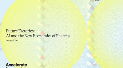 Cover of Bryden Wood's Accelerate Pharmaceuticals report titled 'Future Factories: AI and the New Economics of Pharma' dated January 2026, featuring abstract network graphics on a yellow and blue gradient background.