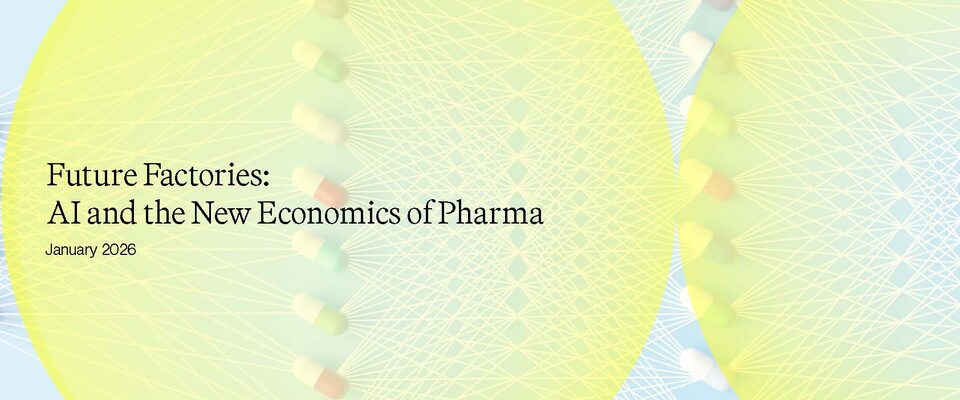 Cover of Bryden Wood's Accelerate Pharmaceuticals report titled 'Future Factories: AI and the New Economics of Pharma' dated January 2026, featuring abstract network graphics on a yellow and blue gradient background.