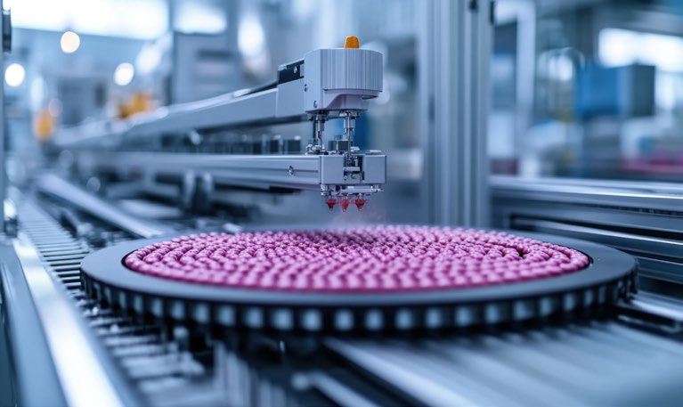 Automated pharmaceutical manufacturing line with pink tablets on a circular tray moving through production equipment in a modern cleanroom facility